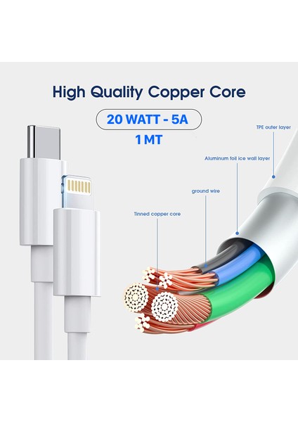 iPhone 14/13/12/11/ipad/airpods Uyumlu Hızlı Şarj Kablosu Pd Type C To Lightning 20W 5A 1 mt CA-105 fiyatları