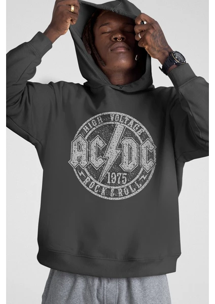 Dairede Acdc Kapüşonlu Kalın Antrasit Erkek Sweatshirt