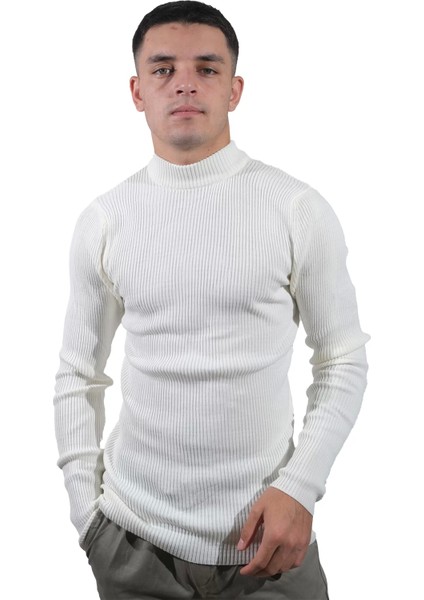 Erkek Fitil Desenli Yarım Balıkçı Yaka Krem KAZAK-2058