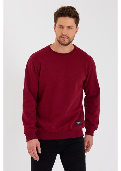Bordo Bisiklet Yaka Etiket Detaylı Içi Pamuklu Erkek Sweatshirt