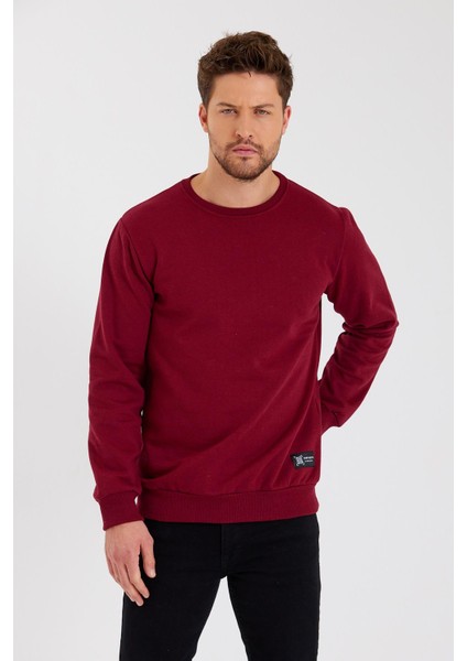 Bordo Bisiklet Yaka Etiket Detaylı Içi Pamuklu Erkek Sweatshirt