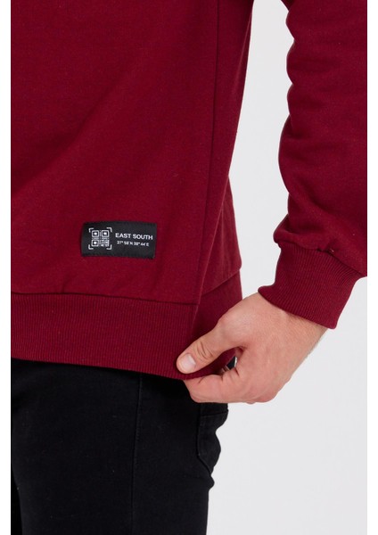 Bordo Bisiklet Yaka Etiket Detaylı Içi Pamuklu Erkek Sweatshirt