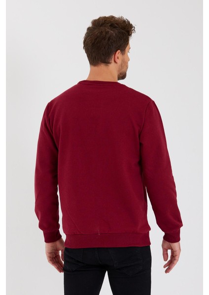 Bordo Bisiklet Yaka Etiket Detaylı Içi Pamuklu Erkek Sweatshirt