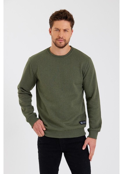 Haki Bisiklet Yaka Etiket Detaylı Içi Pamuklu Erkek Sweatshirt