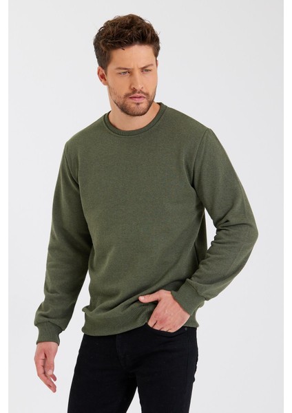 Haki Bisiklet Yaka Etiket Detaylı Içi Pamuklu Erkek Sweatshirt