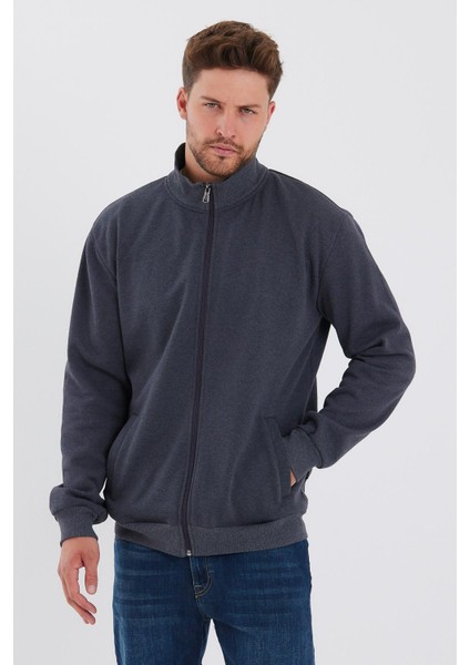 İçi Pamuklu Fermuarlı Dik Yaka Yan Cepli Erkek Antrasit Hırka