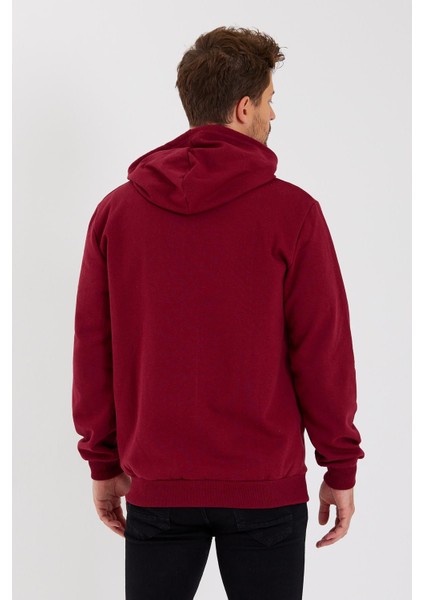 Bordo Kanguru Cepli Kapüşonlu Fermuarlı İçi Pamuklu Erkek Sweatshirt