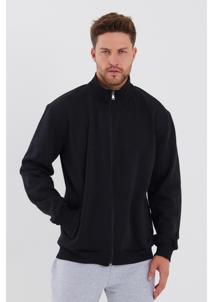 İçi Pamuklu Fermuarlı Dik Yaka Yan Cepli Erkek Siyah Hırka