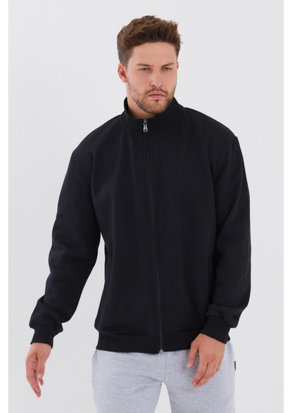 İçi Pamuklu Fermuarlı Dik Yaka Yan Cepli Erkek Siyah Hırka fiyatları