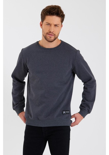 Antrasit Bisiklet Yaka Etiket Detaylı Içi Pamuklu Erkek Sweatshirt modelleri