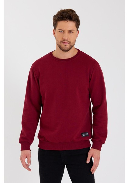 Bordo Bisiklet Yaka Etiket Detaylı Içi Pamuklu Erkek Sweatshirt