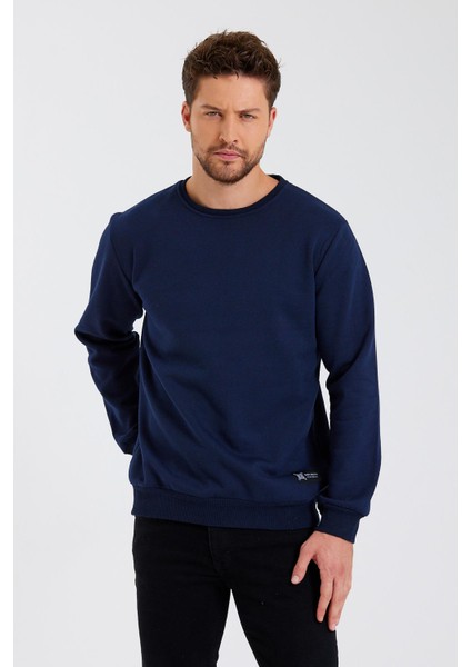 Lacivert Bisiklet Yaka Etiket Detaylı Içi Pamuklu Erkek Sweatshirt