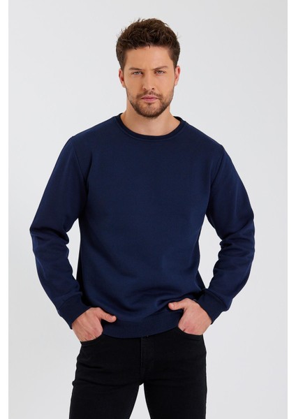 Lacivert Bisiklet Yaka Etiket Detaylı Içi Pamuklu Erkek Sweatshirt modelleri