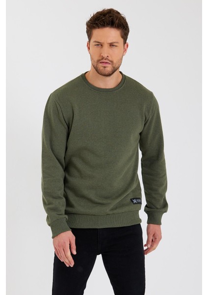 Haki Bisiklet Yaka Etiket Detaylı Içi Pamuklu Erkek Sweatshirt