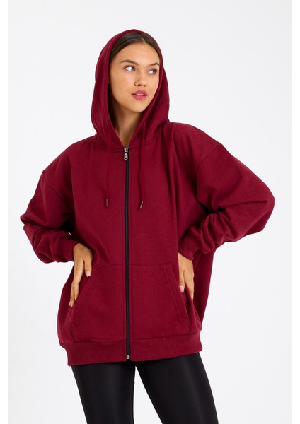 Bordo Kanguru Cepli Kapüşonlu Fermuarlı İçi Pamuklu Kadın Hırka modelleri