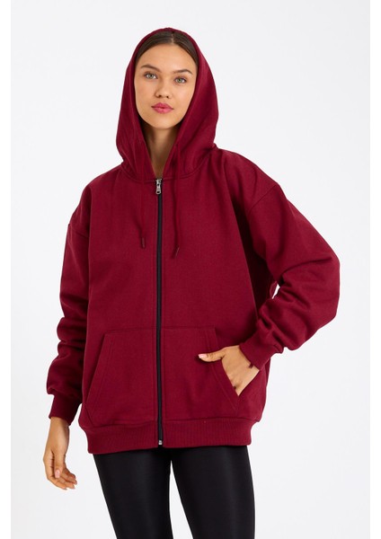 Bordo Kanguru Cepli Kapüşonlu Fermuarlı İçi Pamuklu Kadın Hırka indirimleri