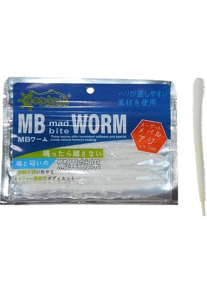 Captain 3456 Mad Bite Worm 10CM Aromalı Lrf Silikonu 1.3gr 10'lu Paket Beyaz