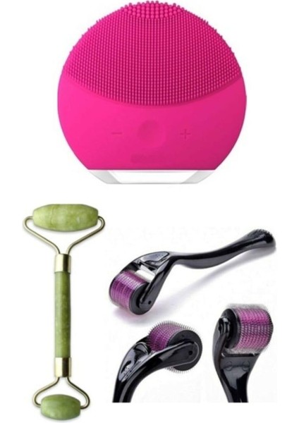 (Kırılabilir) 3'lü Cilt Bakım Seti Dermaroller 0.5 mm + Forever Fuşya Cilt Temizleme Aleti + Yeşim Taşı Yüz Masaj Aleti