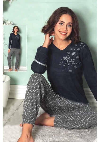 Fawn Kadın Yıldız Baskı Uzun Kol Manşetli Pijama Takımı (8233)