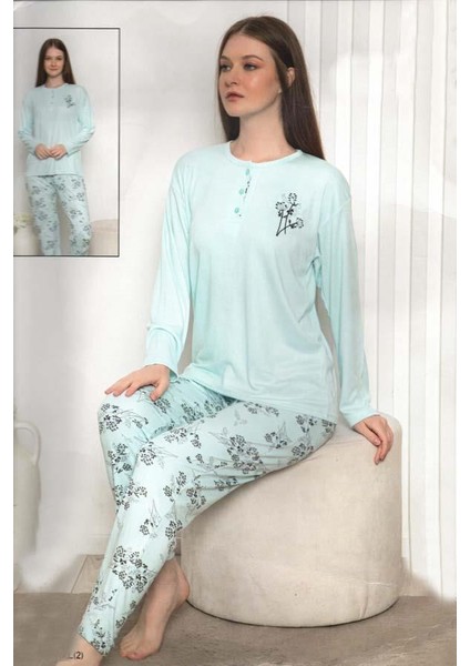Fawn Kadın Çiçek Desenli 3 Düğmeli Uzun Kol Pijama Takımı (6800)