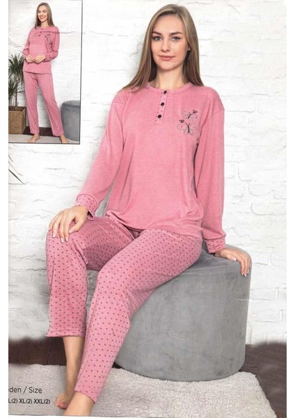 Fawn Kadın Kelebek Baskı 3 Düğme Uzun Kol Pijama Takımı (6804)