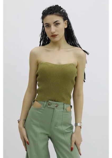 Kadın Likralı Triko Büstiyer Haki M