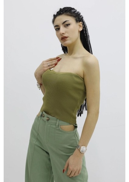 Kadın Likralı Triko Büstiyer Haki M fiyatları
