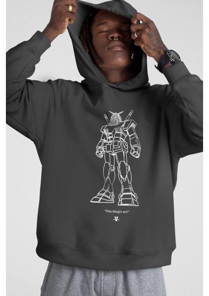 Robotic Kapüşonlu Ön ve Arka Baskılı Kalın Antrasit Erkek Sweatshirt