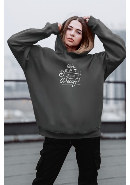 Alın Yazısı Kapüşonlu Kalın Oversize Ön ve Arka Baskılı Antrasit Kadın Sweatshirt