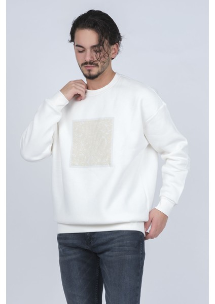 Erkek Desenli Bisiklet Yaka Sweatshirt 6609900 Ekru