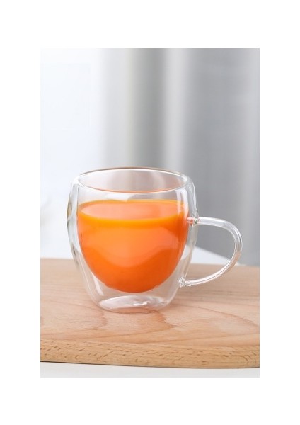 Çift Camlı Cidarlı Cam Kupa 250ML Ev Ofis Fincanı Çift Katlı Isı Yalıtımlı Kulplu Cam Bardak 2li Set