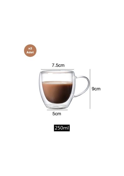 Çift Camlı Cidarlı Cam Kupa 250ML Ev Ofis Fincanı Çift Katlı Isı Yalıtımlı Kulplu Cam Bardak 2li Set