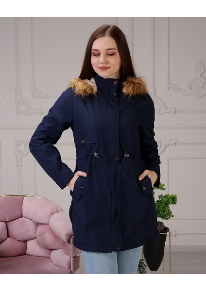 Lacivert Içi Kürklü ve Su Geçirmez Büyük Beden Battal Kadın Kışlık Mont & Kaban