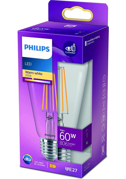 LED Classic 60W ST64 Filament Ampul, 2700K Sarı Işık, E27 Normal Duy, Dim Edilmez