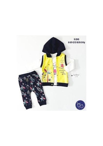 Kız Bebek Kapşonlu Yelekli 3'lü Alt Üst Takım Baykuş Çiçek Desenli