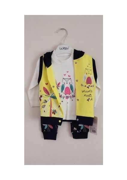 Kız Bebek Kapşonlu Yelekli 3'lü Alt Üst Takım Baykuş Çiçek Desenli fiyatları