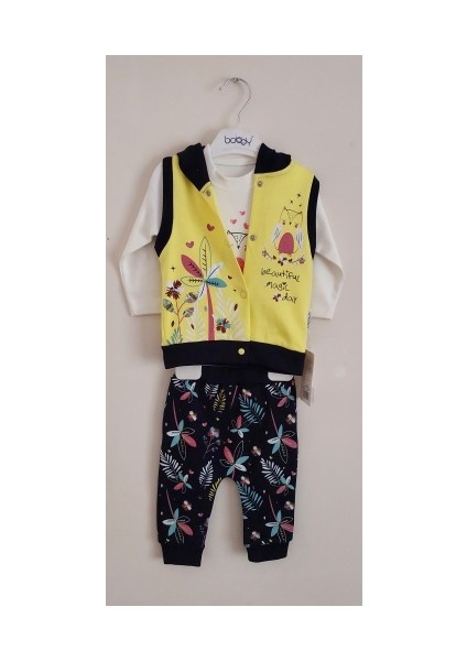 Kız Bebek Kapşonlu Yelekli 3'lü Alt Üst Takım Baykuş Çiçek Desenli fırsatları