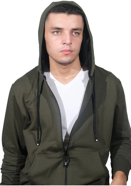 Erkek Basic Fermuarlı Kapüşonlu Haki Sweatshirt-4 fiyatları