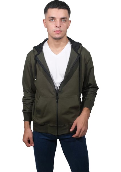 Erkek Basic Fermuarlı Kapüşonlu Haki Sweatshirt-4