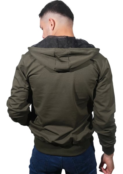 Erkek Basic Fermuarlı Kapüşonlu Haki Sweatshirt-4 modelleri