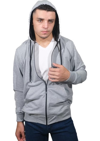 Erkek Basic Fermuarlı Kapüşonlu Gri Sweatshirt-3