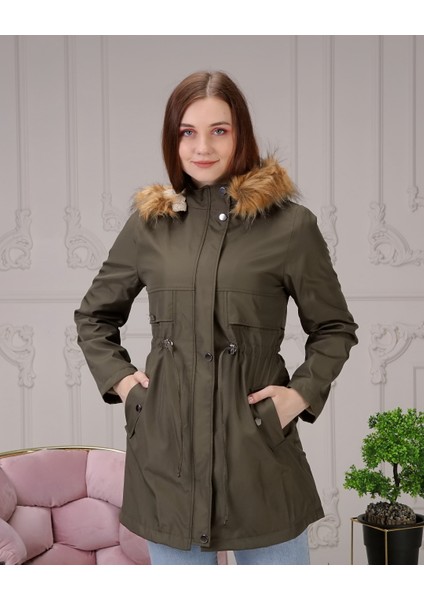 Haki Içi Kürklü ve Su Geçirmez Büyük Beden Battal Kadın Kışlık Mont & Kaban