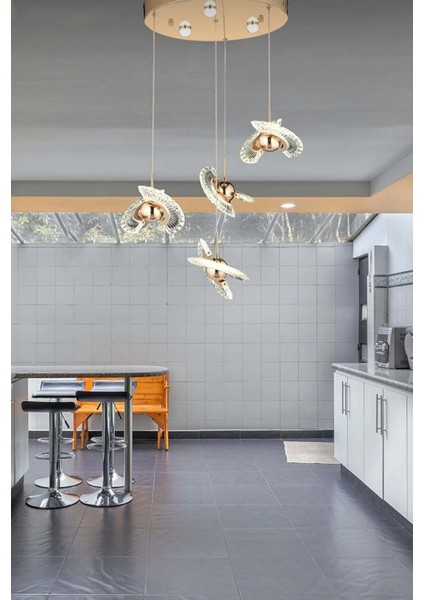 A Elegance Modern 3 Renk Led'li 4'lü Tasarım Sarkıt Gold Sarı Avize