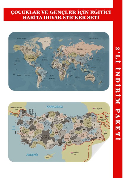Eğitici - Öğretici Dünya ve Türkiye Haritası Çocuk Odası Duvar Stickerı