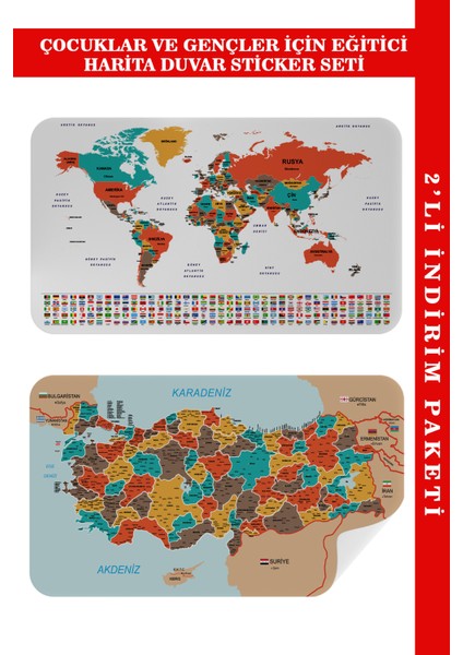 Eğitici - Öğretici Dünya ve Türkiye Haritası Çocuk Odası Duvar Stickerı