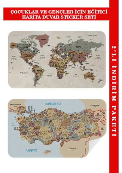Eğitici ve Öğretici Dünya ve Türkiye Haritası Çocuk Odası Duvar Stickerı