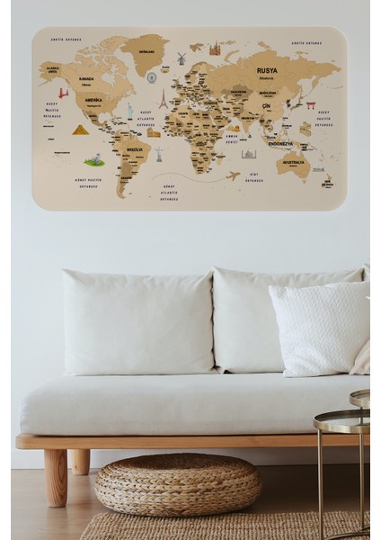 Türkçe Eğitici Ülke ve Başkent Detaylı Atlası Dekoratif Dünya Haritası Duvar Sticker