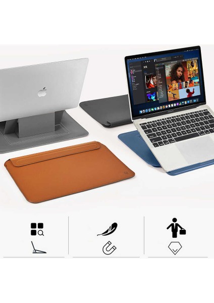 Skin Pro MacBook Pro 16 2019 A2141 Uyumlu Çanta & Stand & Kılıf Pu Deri Mıknatıslı Kapak