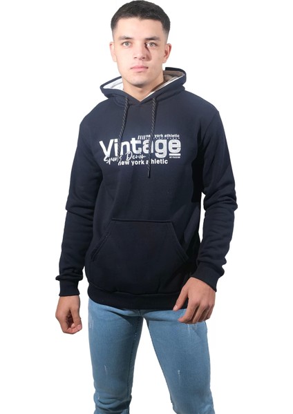 Erkek Vintage Lacivert Kapüşonlu SWEATSHIRT-237