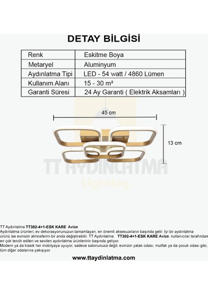 TT302-4+1-ESK Kare Tt Aydınlatma Eskitme Boyalı 5 Li LED Avize